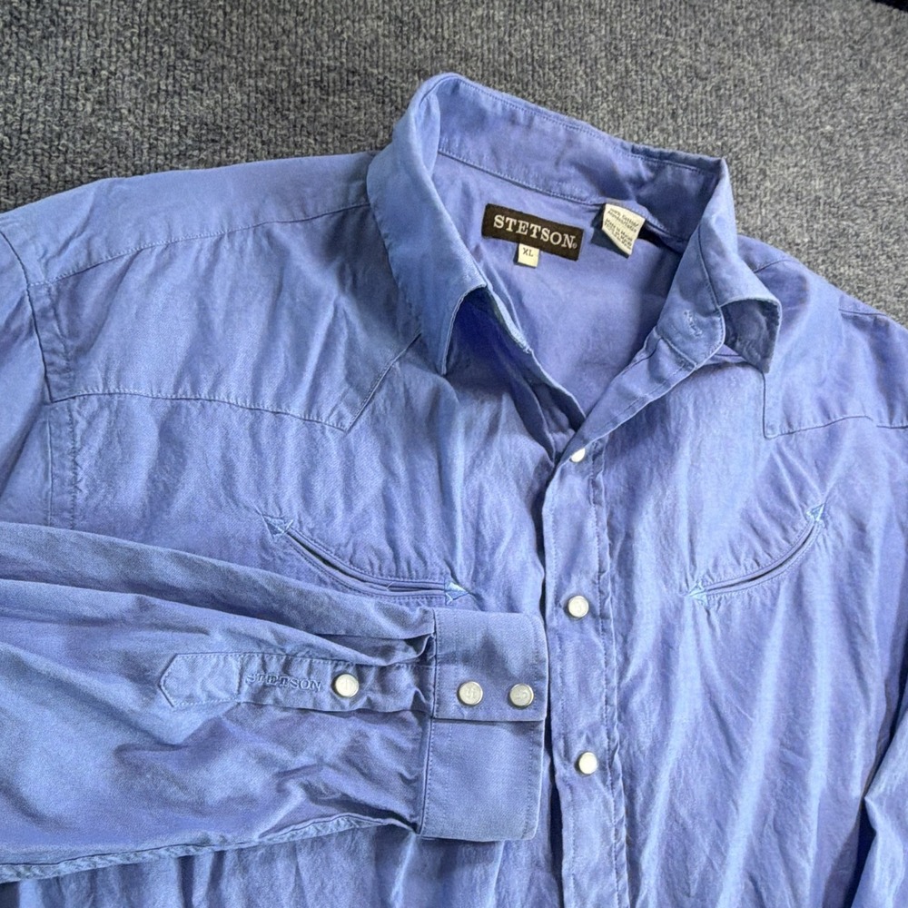 Stetson Men's XL Blue Cotton Long Sleeve Button-Up Shirt Point Collar Western